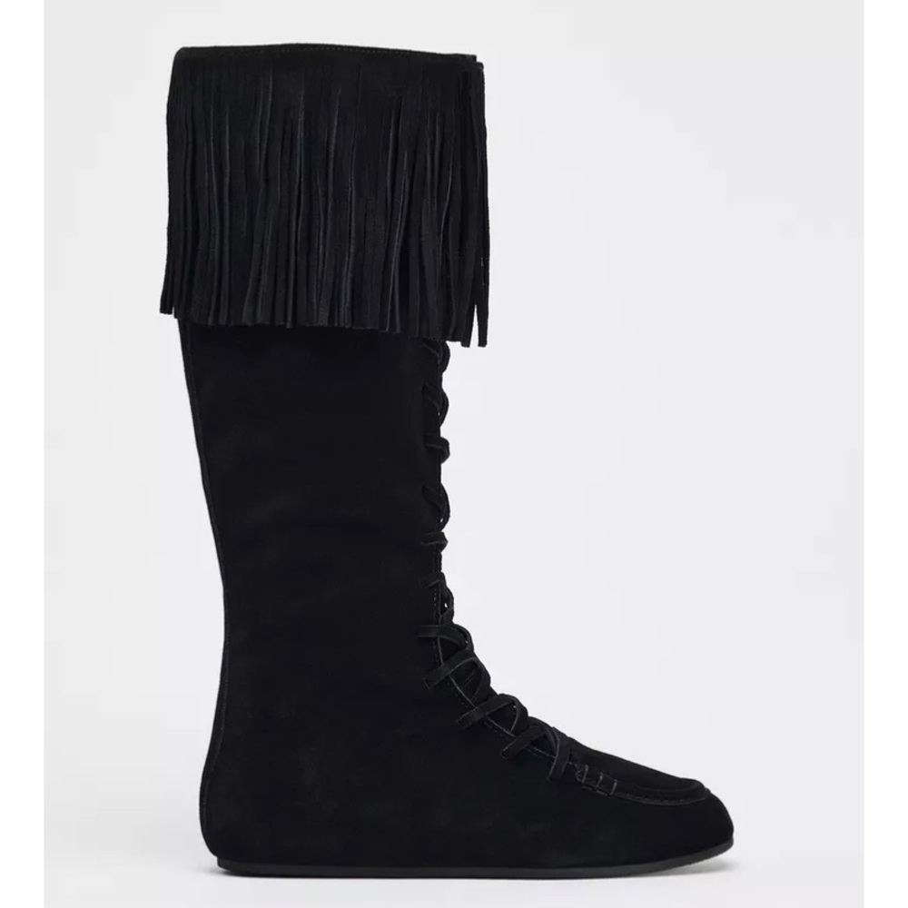 Zara Black Fringe Lace-Up Boots